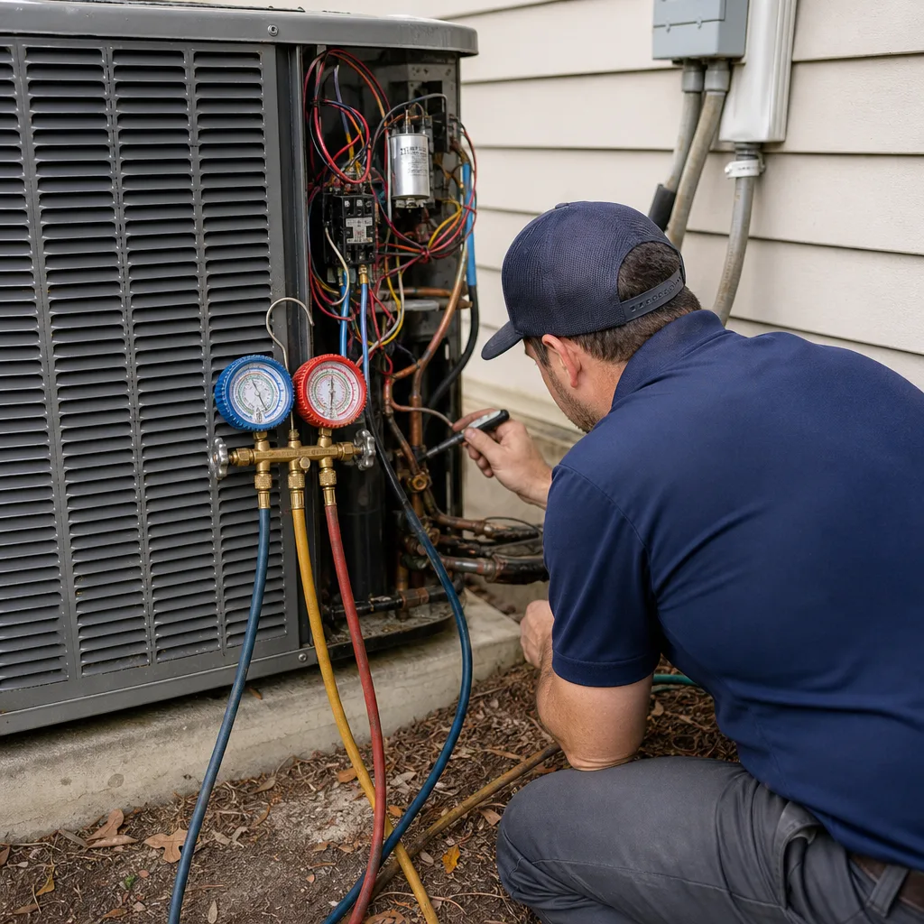 HVAC technician performing professional air conditioning maintenance on an outdoor unit