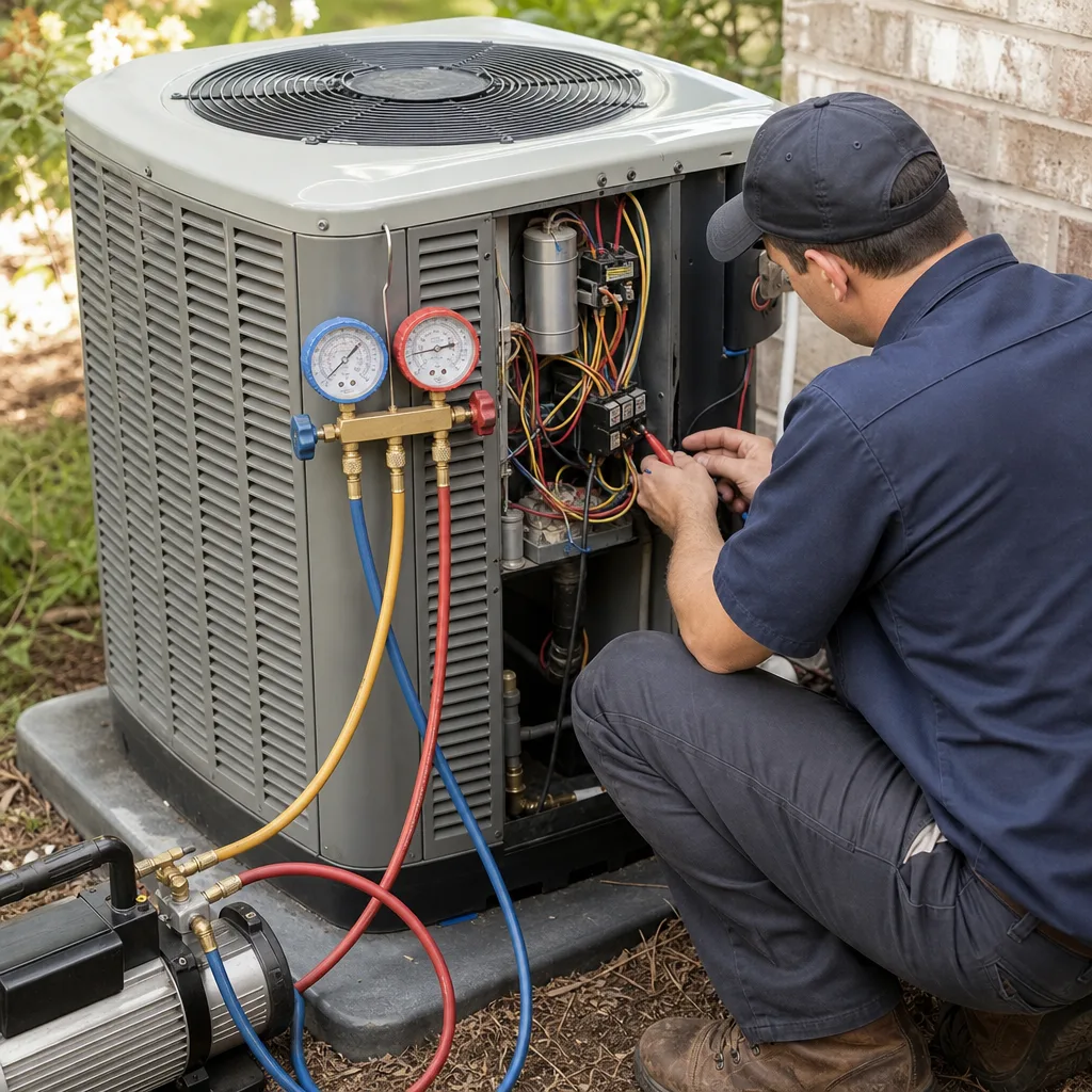 HVAC technician performing professional air conditioning maintenance and electrical diagnostic inspection