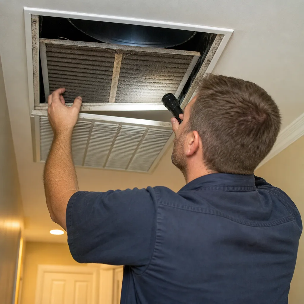 HVAC technician inspecting a dirty air conditioning filter with a flashlight