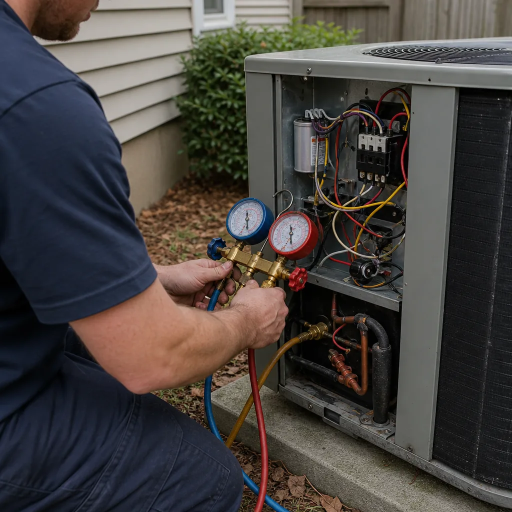 HVAC technician performing AC repair with manifold gauges on cooling system