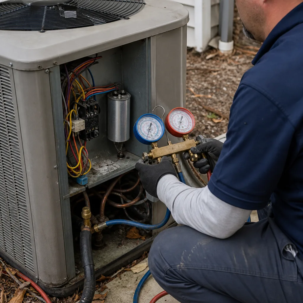 HVAC technician using manifold gauges to service an outdoor air conditioner.