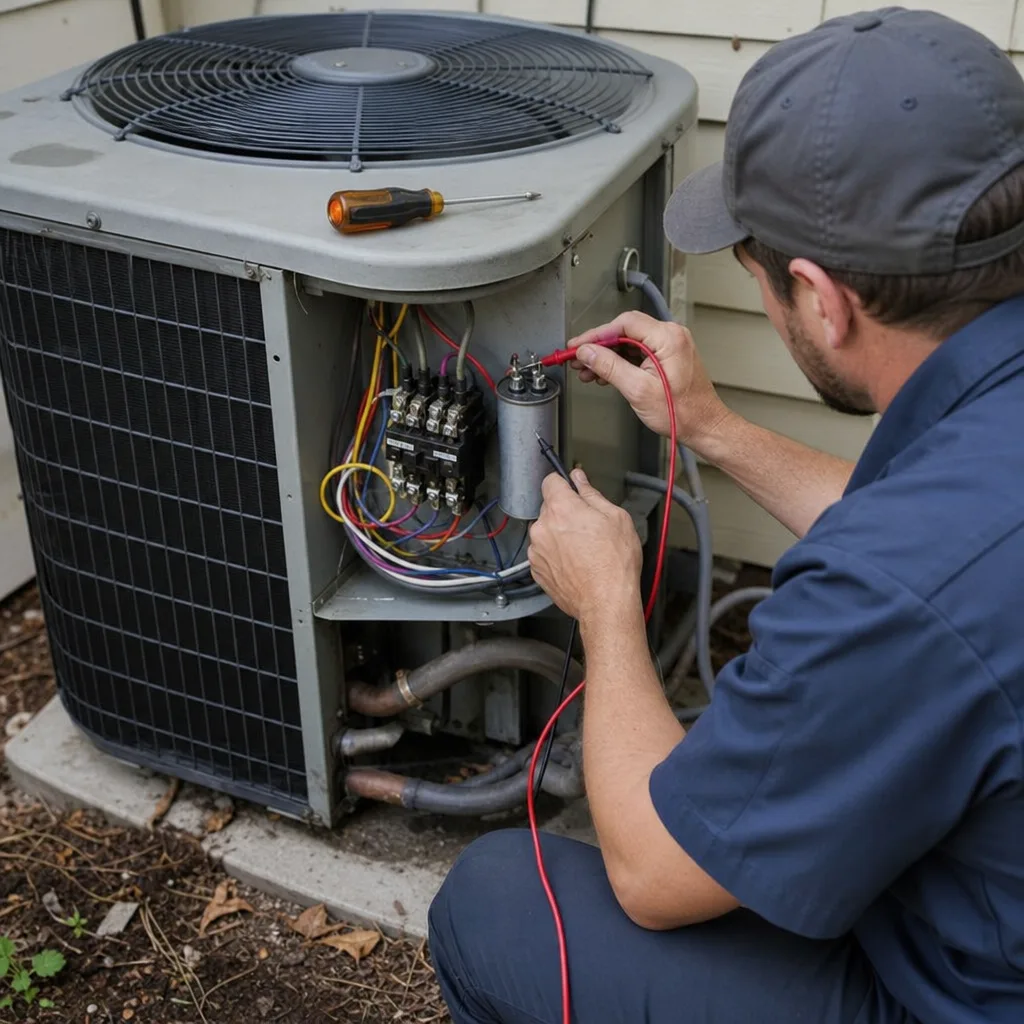 HVAC technician testing an air conditioning unit with a multimeter
